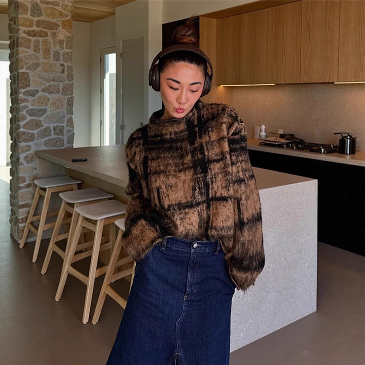 Women's Fluffy Pullover in Vintage Check with High Collar and Frayed Hem Amarae