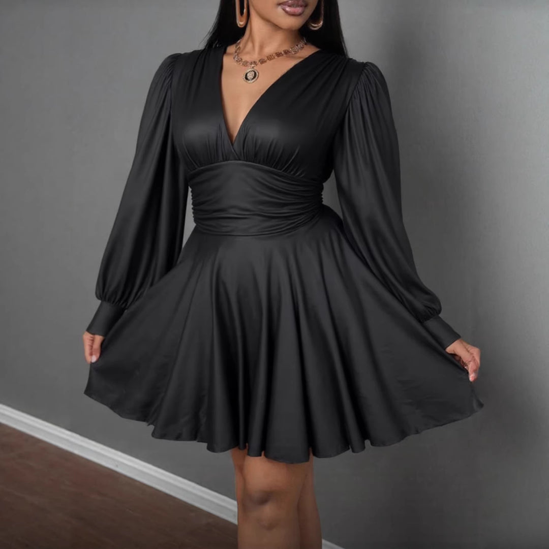 Women's elegant mini dress with deep V-neck and voluminous puff sleeves Lune London