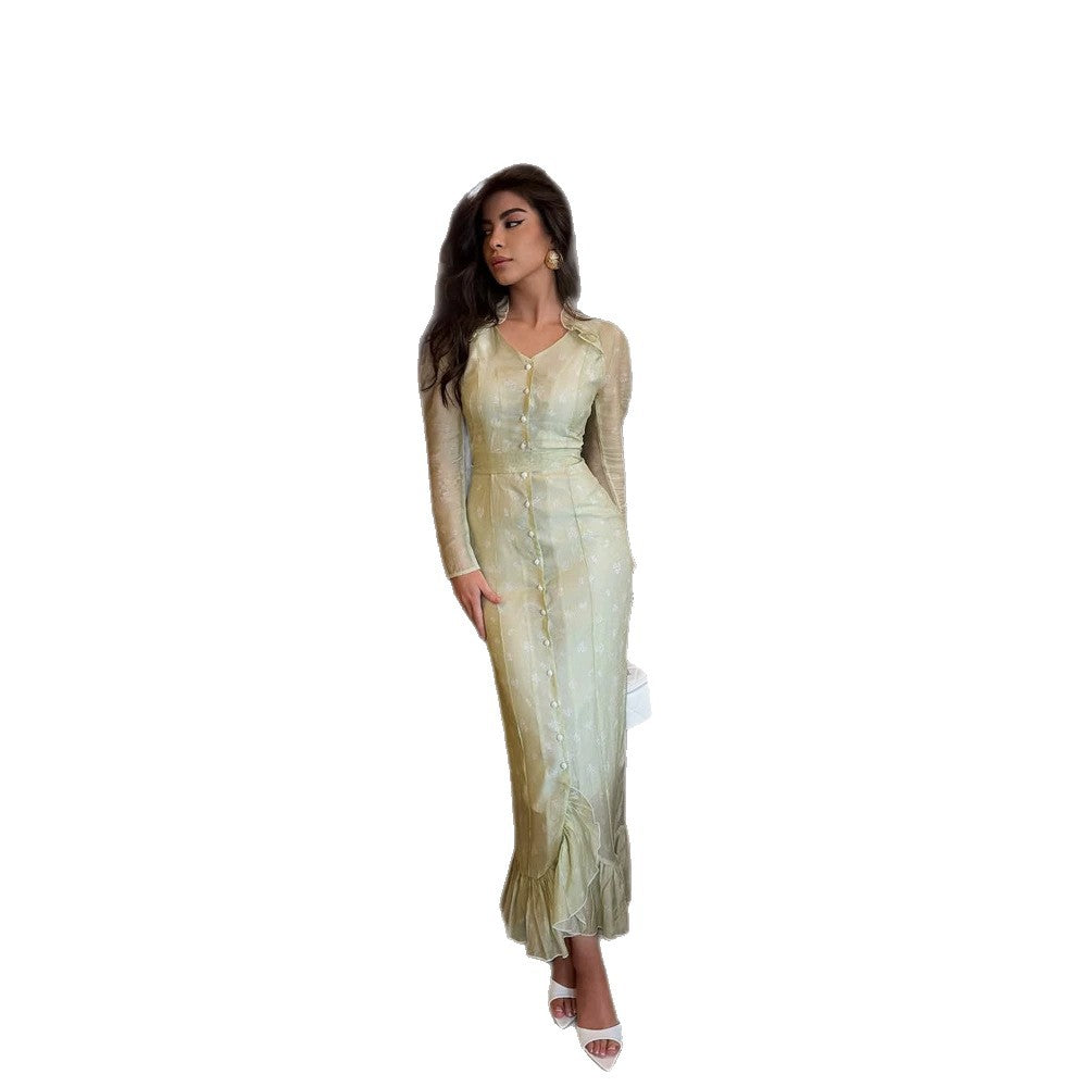 Women Elegant Maxi Dress with Continuous Button Placket, Tailored Silhouette and Ruffle Hem Amarae