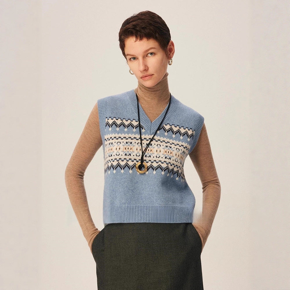 Pull en maille à la mode pour femmes avec décolleté en V et motif géométrique Chic & Stil