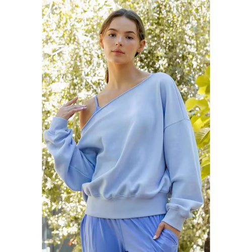 Ladies Oversized Casual Sweatshirt with Asymmetric Neckline and Deep Collar Amarae