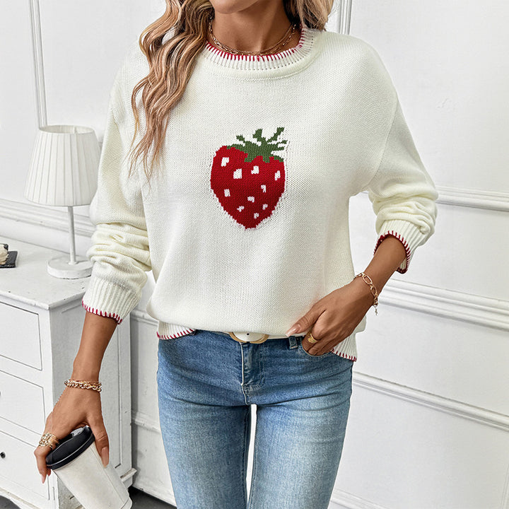 Knitted sweater for women with strawberry fruit pattern and relaxed fit Lune London