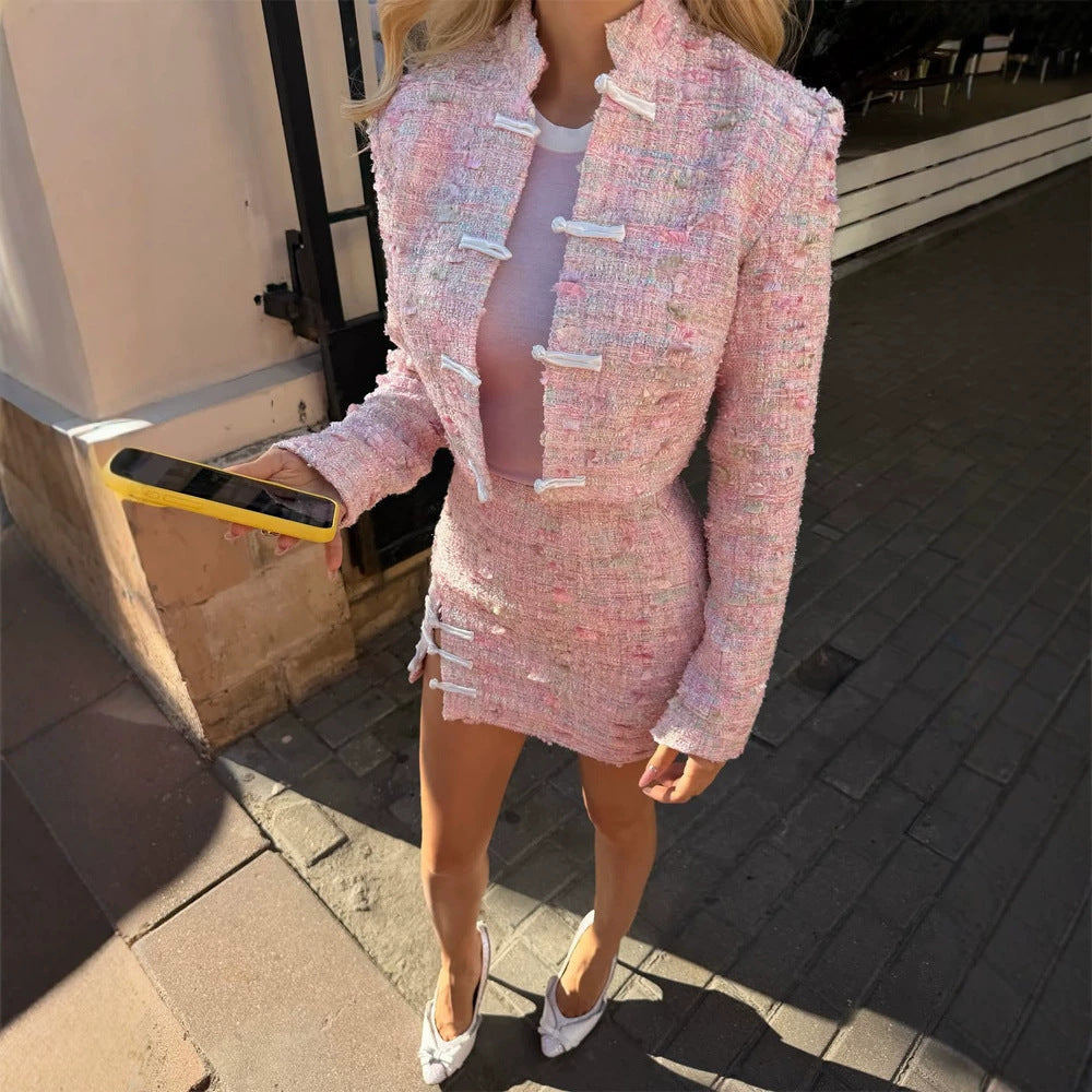 Women Tweed Two-Piece Short Jacket and Mini Skirt in Boucle Style Amarae