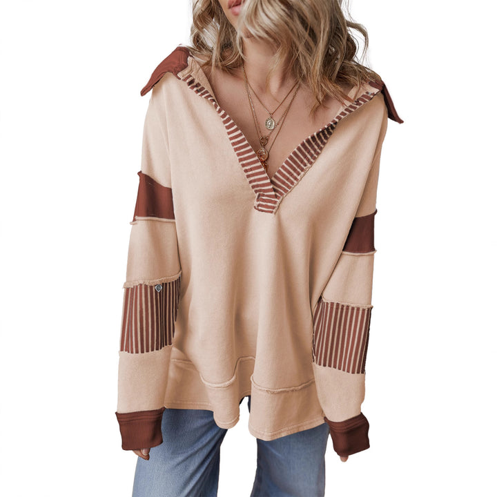 Women’s oversized sweatshirt with deep V-neck, striped inner collar and contrast sleeves Amarae