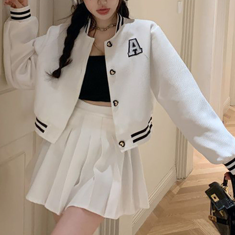 Ladies college jacket with embroidered emblem and contrasting patches Lune London