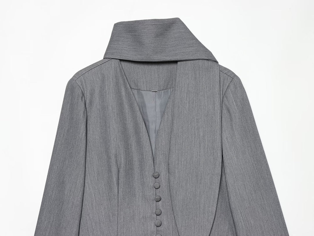 Women's Elegant Longline Blazer with High Funnel Collar and Overlapping Fabric Buttons Amarae