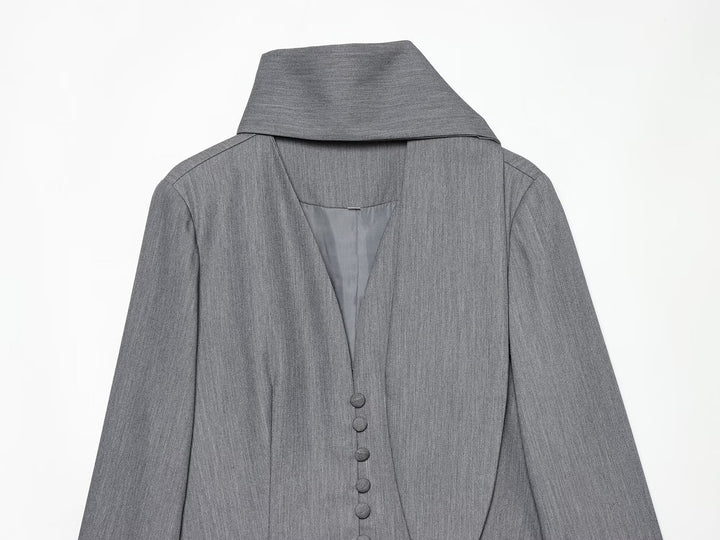 Women's Elegant Longline Blazer with High Funnel Collar and Overlapping Fabric Buttons Amarae