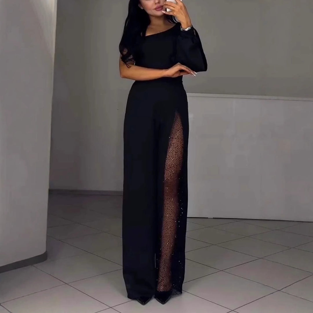 Asymmetrical one-shoulder jumpsuit for women with sequin panel Lune London