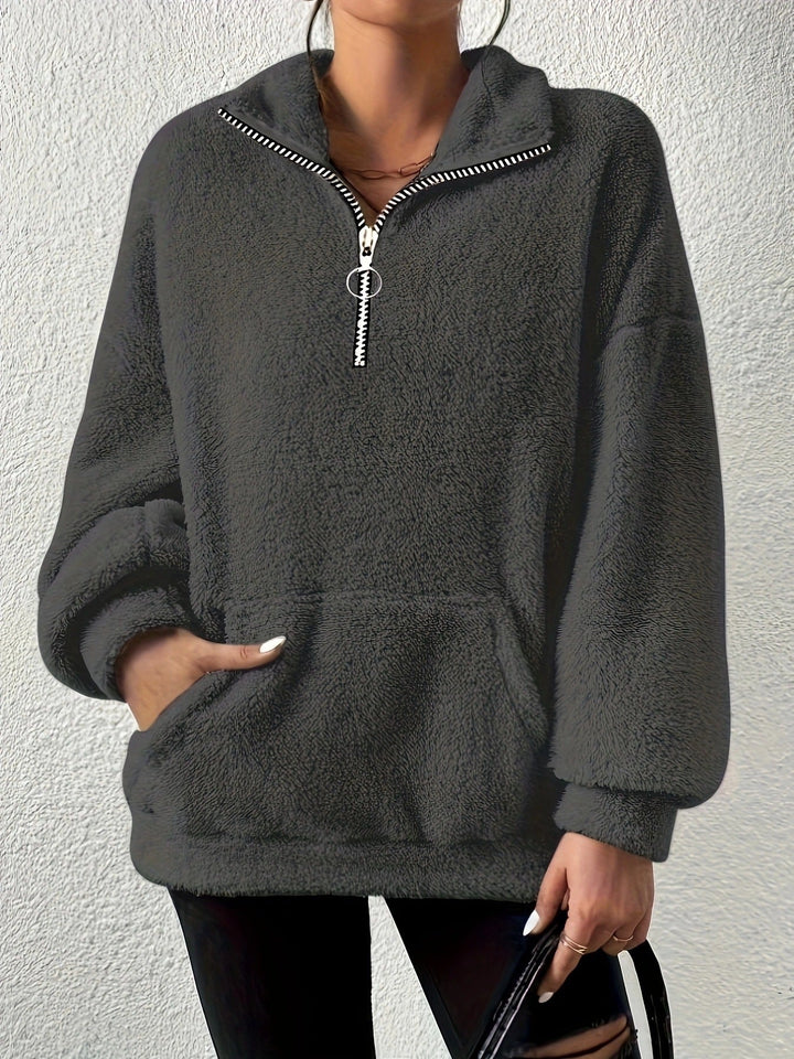 Women's Cozy Fleece Pullover with Half Zipper and Side Pockets Lune London
