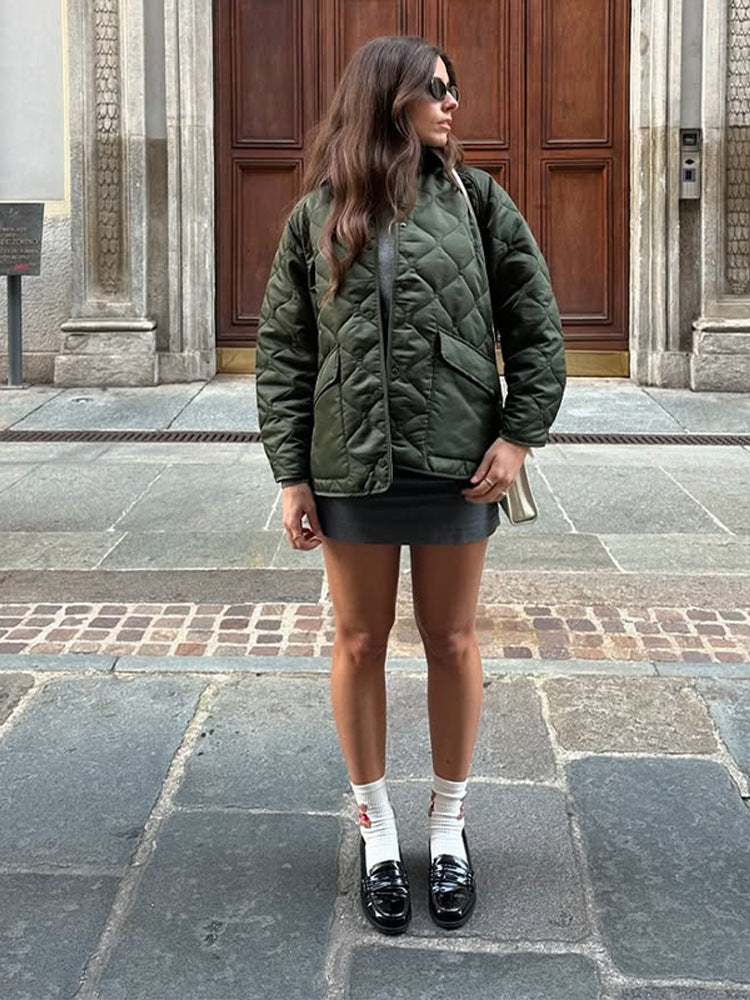 Women's quilted oversized jacket with cord collar, snap button closure and patch flap pockets Amarae