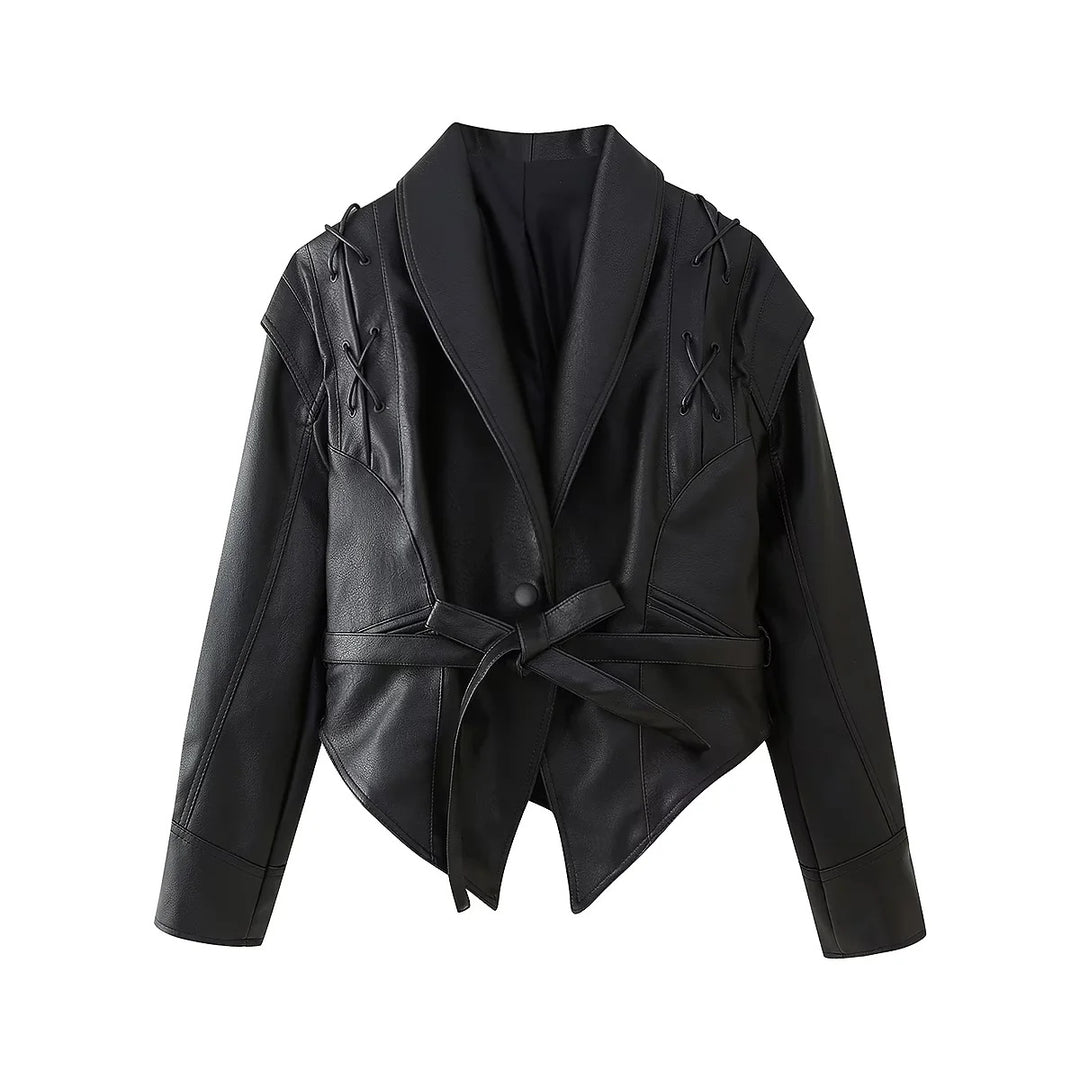 Fashion faux leather jacket for women with a stylish belt detail and a chic design Lune London