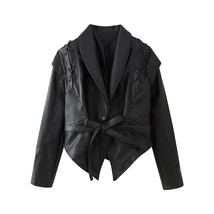 Fashion faux leather jacket for women with a stylish belt detail and a chic design Lune London