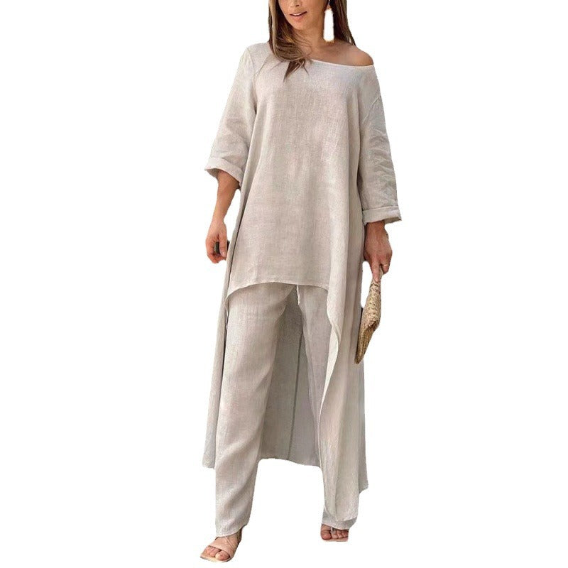 Women Lightweight Linen Two-Piece with Asymmetrical High-Low Tunic and Wide Palazzo Pants Amarae