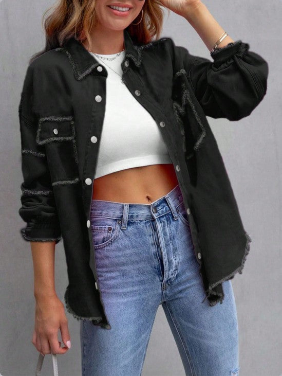 Women Casual Oversized Denim Shirt Jacket with Raw Hem and Patch Pockets Amarae