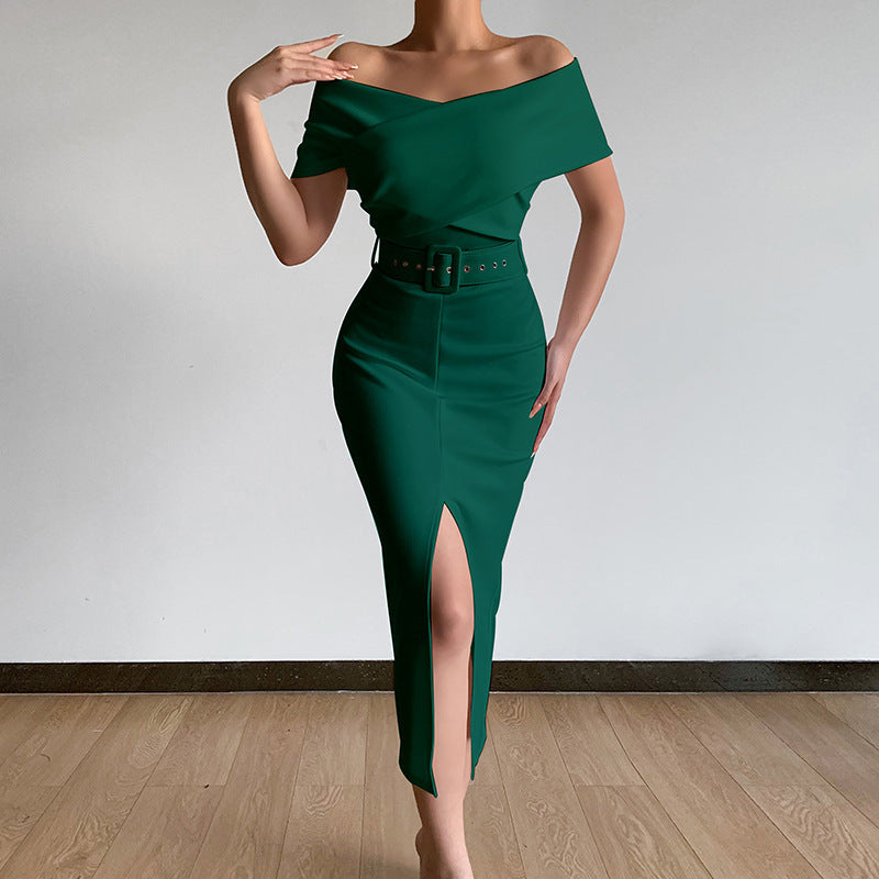 Evening dress for ladies with off-shoulder design and high slit Lune London