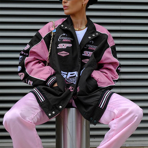 Oversized sporty college jacket for women with trendy appliqués Amarae