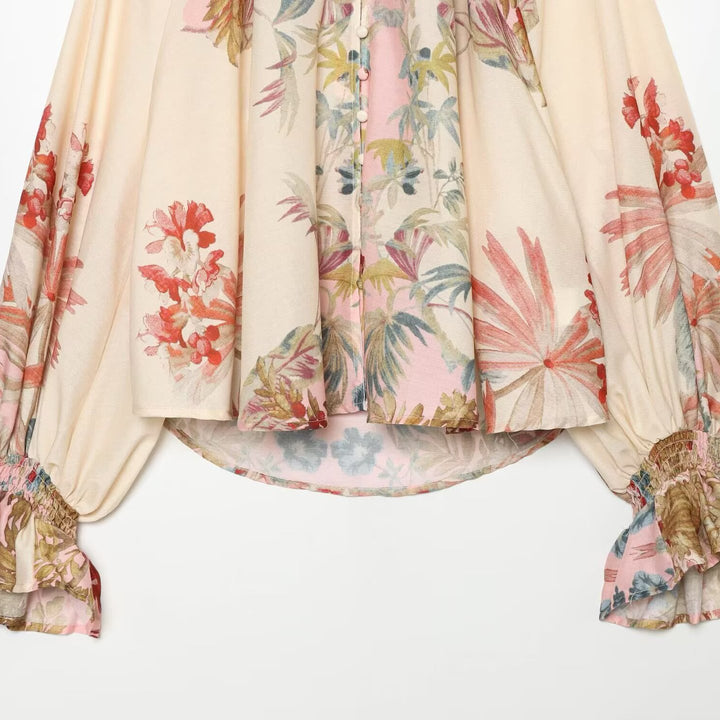 Women's Flowing Silk-like Blouse with Ruffle Collar, Button Placket and Balloon Sleeves Amarae