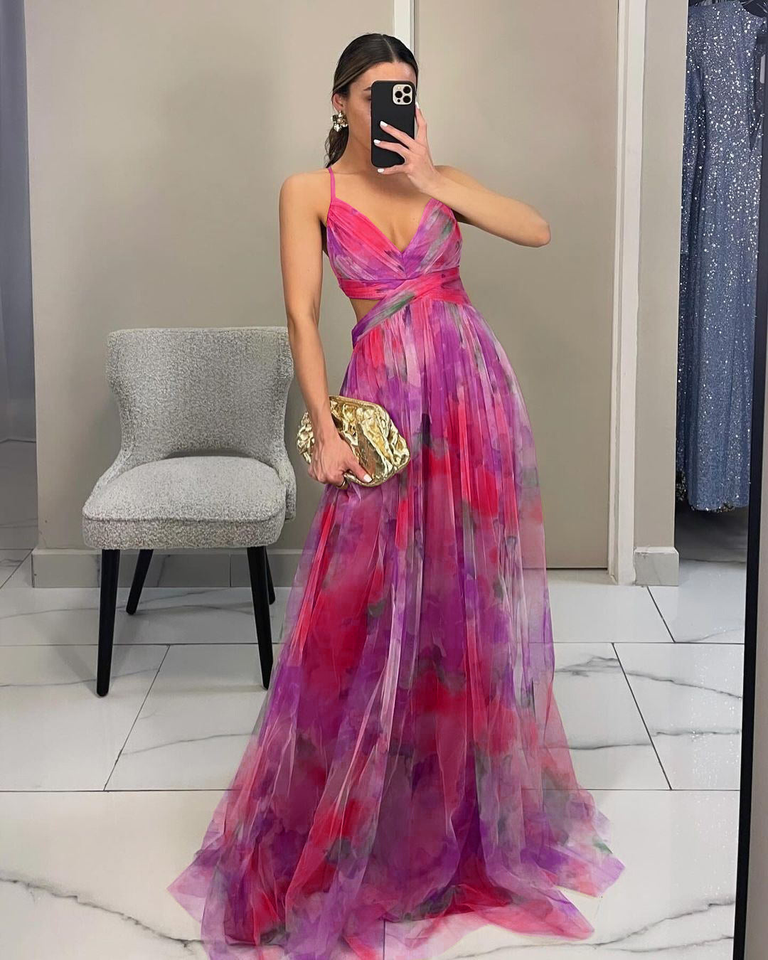 Lune London Floral Chiffon Evening Dress for Women