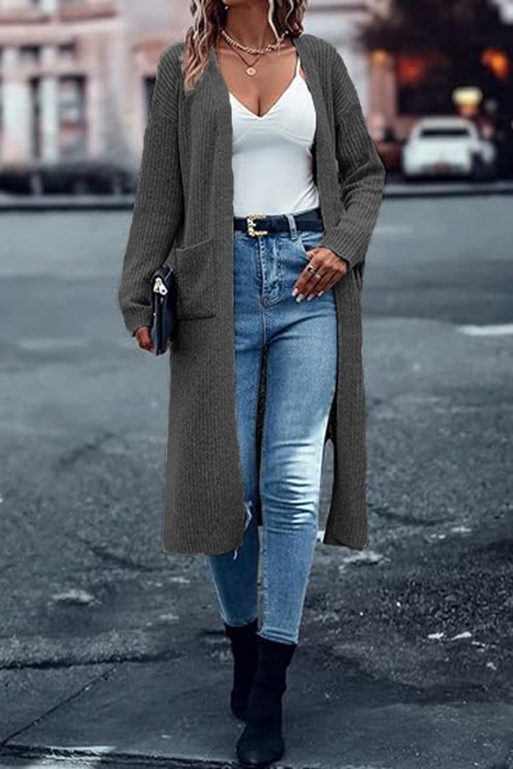 Long knit coat for women with structured design and practical pockets Lune London