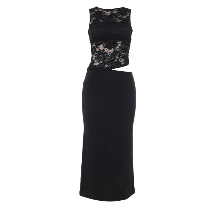 Chic woman lace overlay midi dress Lune London