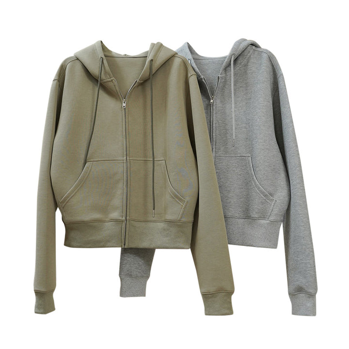 Women short cut hooded zip jacket with dropped shoulder and kangaroo pockets Amarae