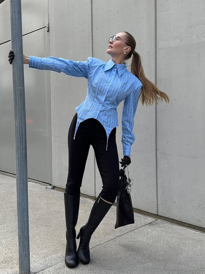 Women Tailored Striped Blouse with Pointed Peplum and Waist Gather Amarae