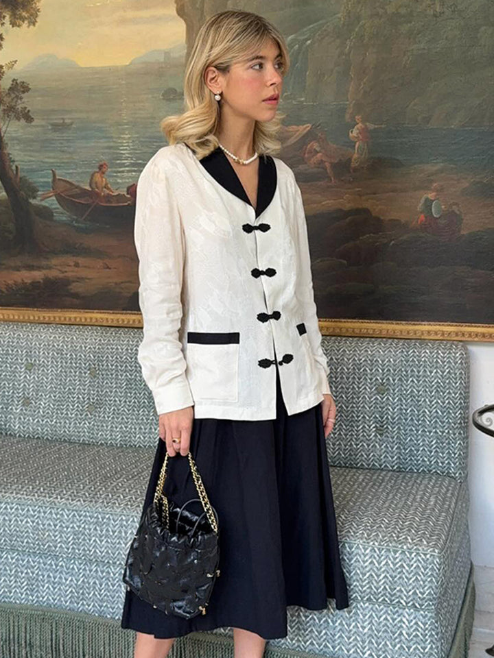 Women's Tailored Jacquard Jacket with Contrast Collar and Knot Closures Amarae