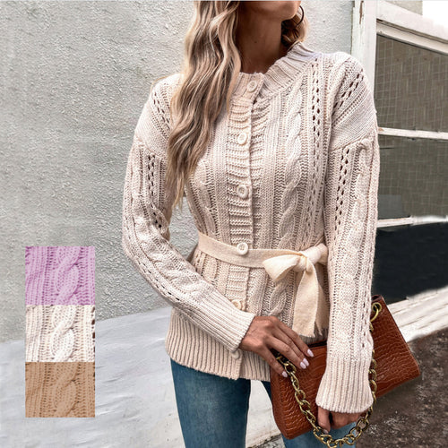 Ladies Chunky Knit Cardigan with Belt and Floral Braid Patterns Amarae