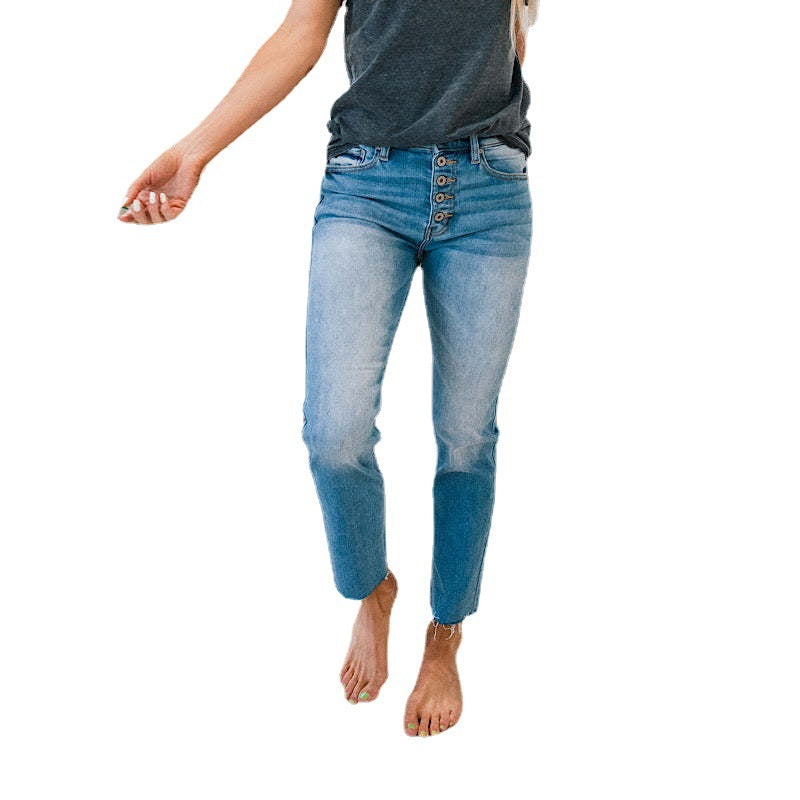 Women's High-Waisted Jeans in Used Look with Button Placket and Frayed Hems Lune London