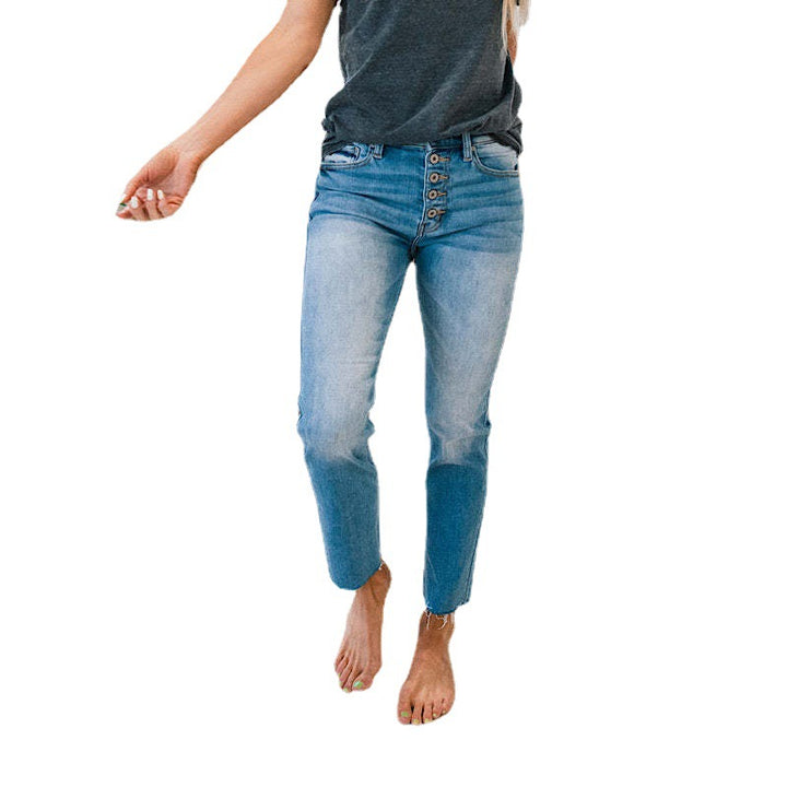 Women's High-Waisted Jeans in Used Look with Button Placket and Frayed Hems Lune London