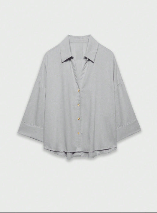 Women's Lightweight Oversized Linen Look Blouse with Three-Quarter Sleeves and Full Button Placket Amarae
