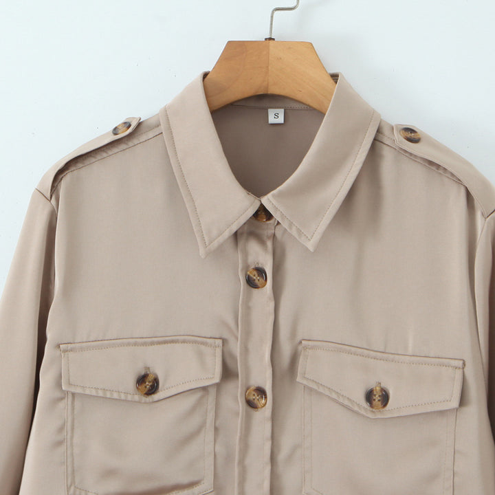 Women's oversized shirt blouse with applied breast pockets and shoulder epaulettes Amarae