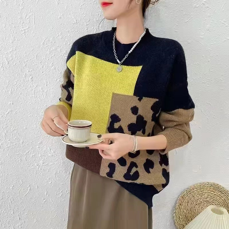 Pull en tricot épais pour femmes avec un design léopard moderne et des éléments de blocs colorés Chic & Stil