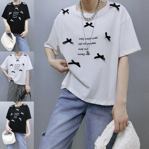 Ladies stylish graphic T-shirt with chic knot accents