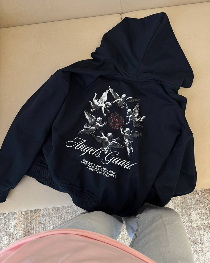 Women's hoodie with artistic angel pattern and trendy inscription Lune London