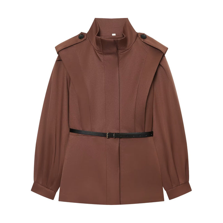 Women Short Cape Trench with High Funnel Collar and Waist Belt Amarae