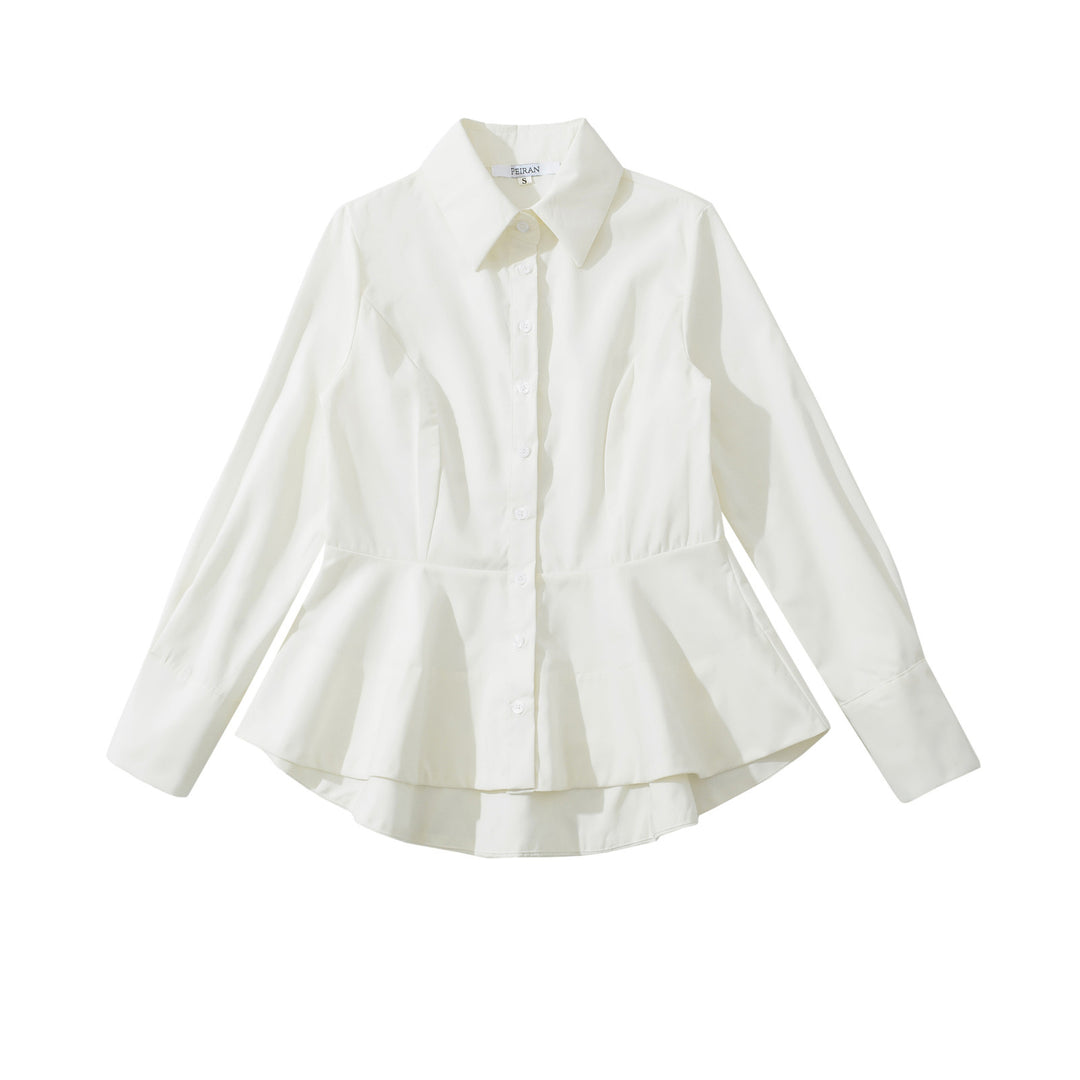 Women's fitted peplum blouse with shirt collar and double-layered hem