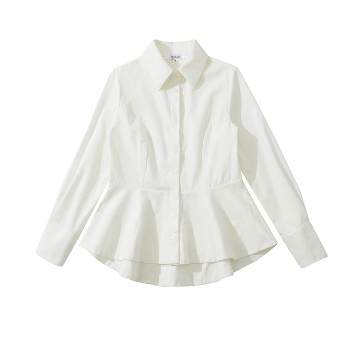 Women's fitted peplum blouse with shirt collar and double-layered hem