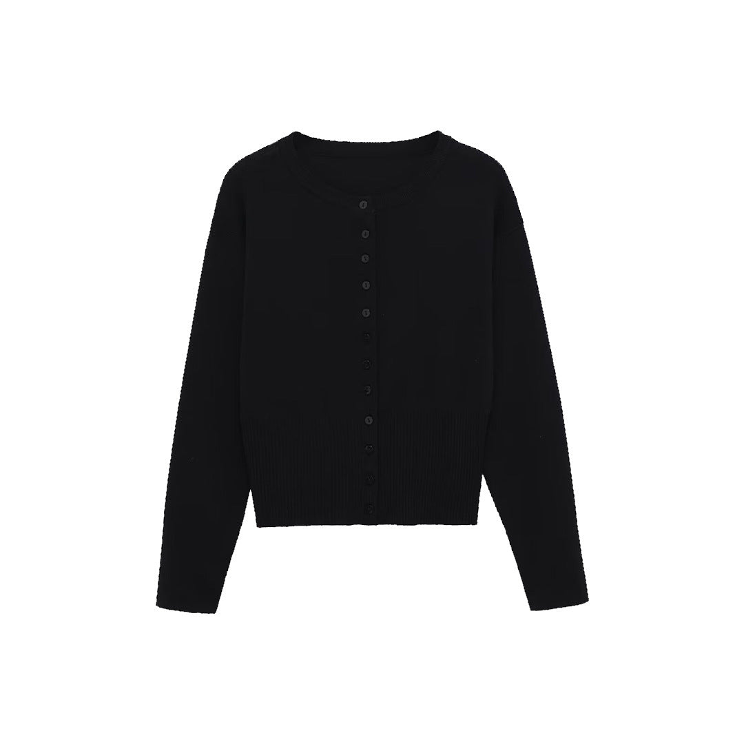 Women's Short Fine Knit Cardigan with Tailored Ribbed Waistband and Continuous Button Placket Amarae