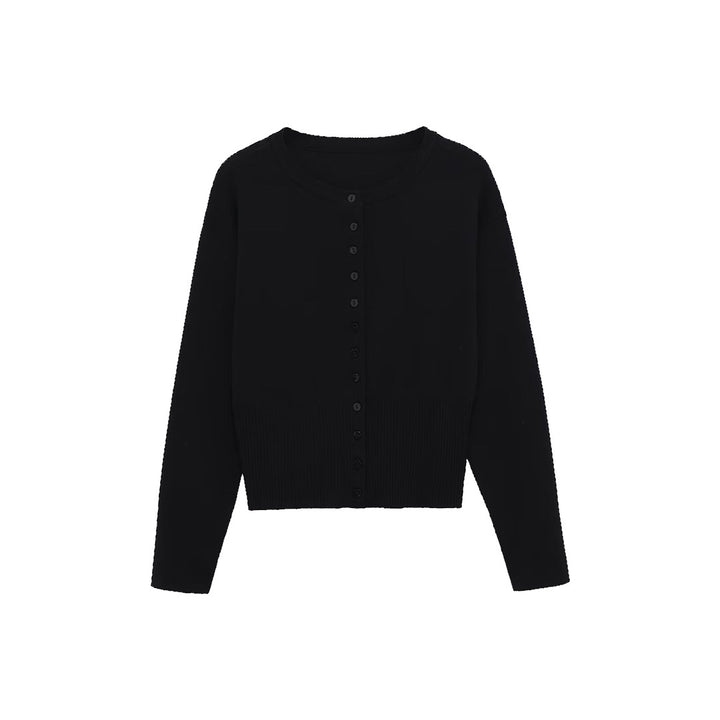Women's Short Fine Knit Cardigan with Tailored Ribbed Waistband and Continuous Button Placket Amarae