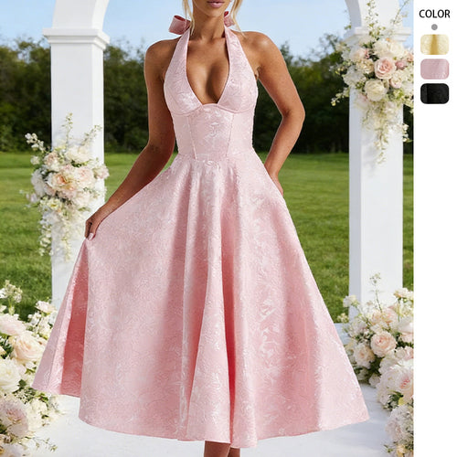 Women's Elegant Halter Neck Midi Dress with Detailed Lace Processing Amarae