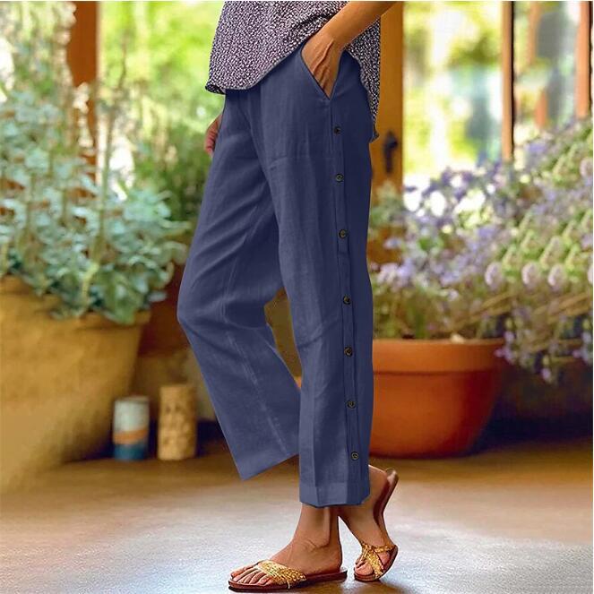 Linen pants for women with side button details and relaxed fit Lune London