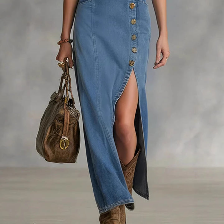 Women's Long Denim Dress with High Slit and Button Details Lune London
