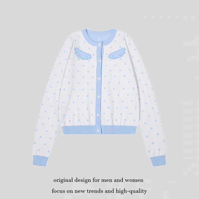 Women's Short Cropped Dotted Cardigan with Angel Wing Motif and Ribbed Cuffs Amarae