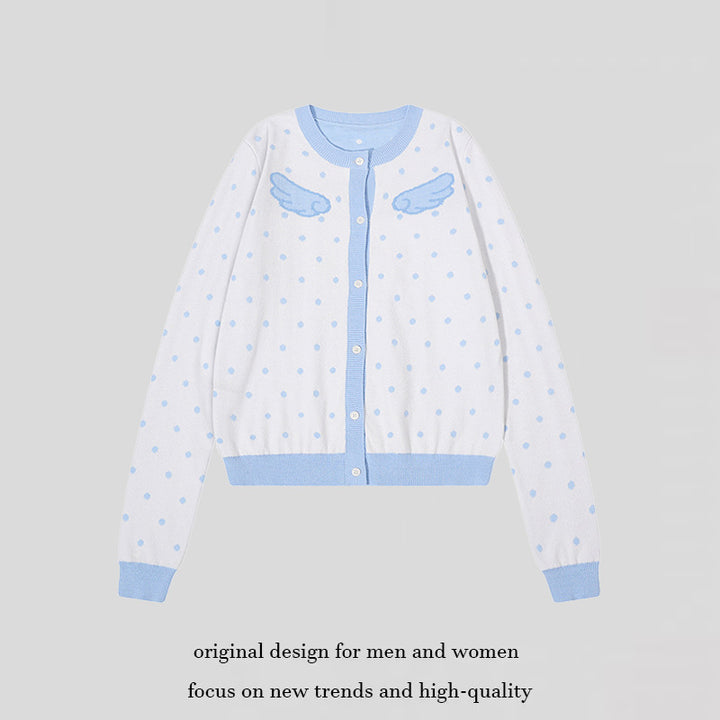 Women's Short Cropped Dotted Cardigan with Angel Wing Motif and Ribbed Cuffs Amarae