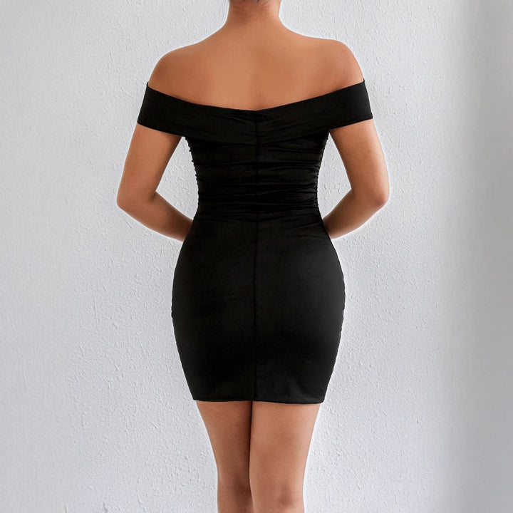 Women's figure-hugging wrap dress with off-the-shoulder design and ruching Lune London