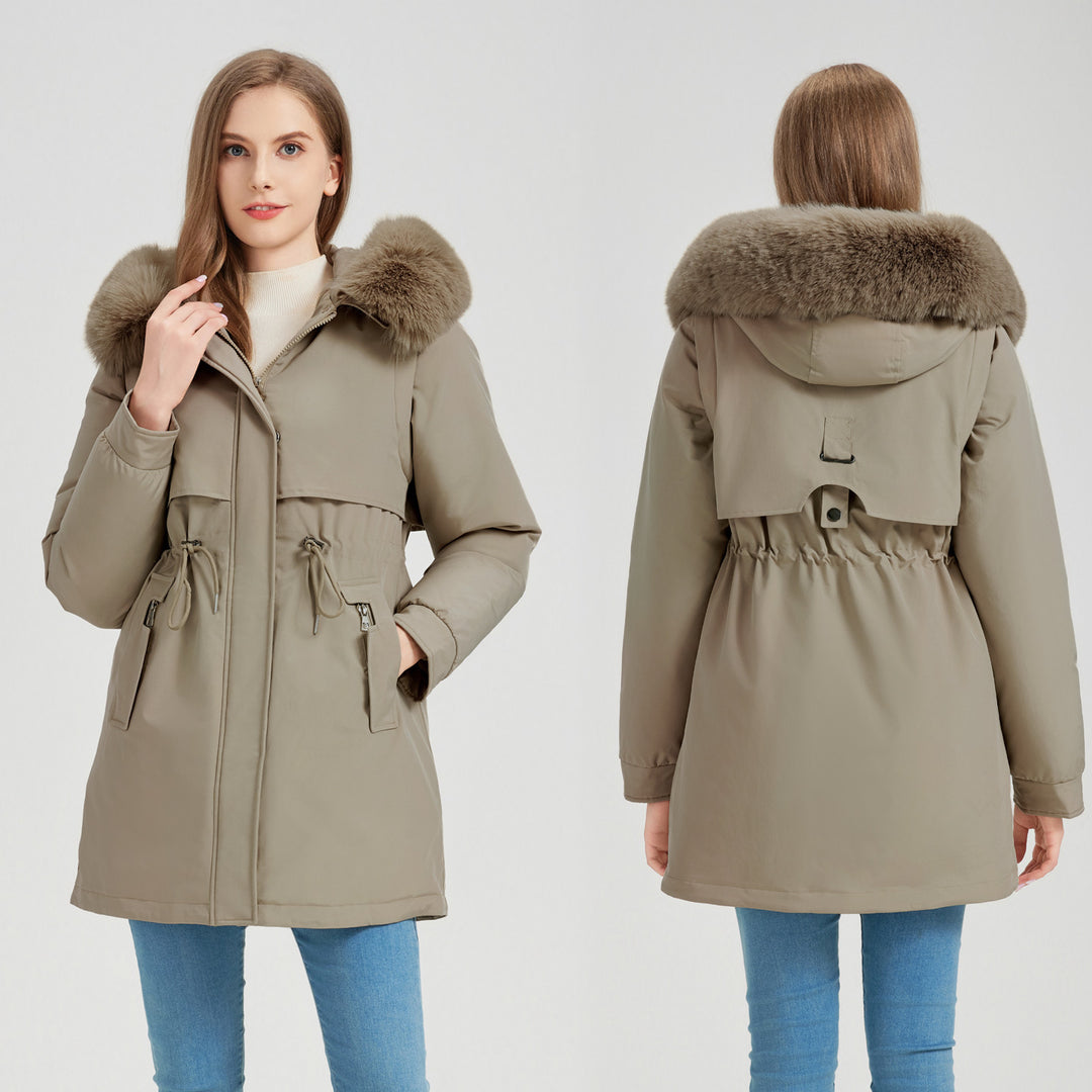 Functional jacket for women with removable faux fur collar and drawstring waist Lune London