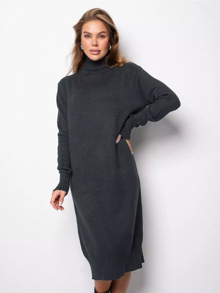 Ladies Long Knitted Dress with Turtleneck and Relaxed Chic Fit