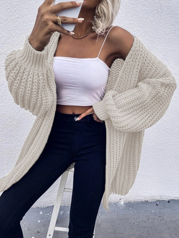 Ladies Open Knit Cardigan with Voluminous Sleeves and a Textured Structure Lune London