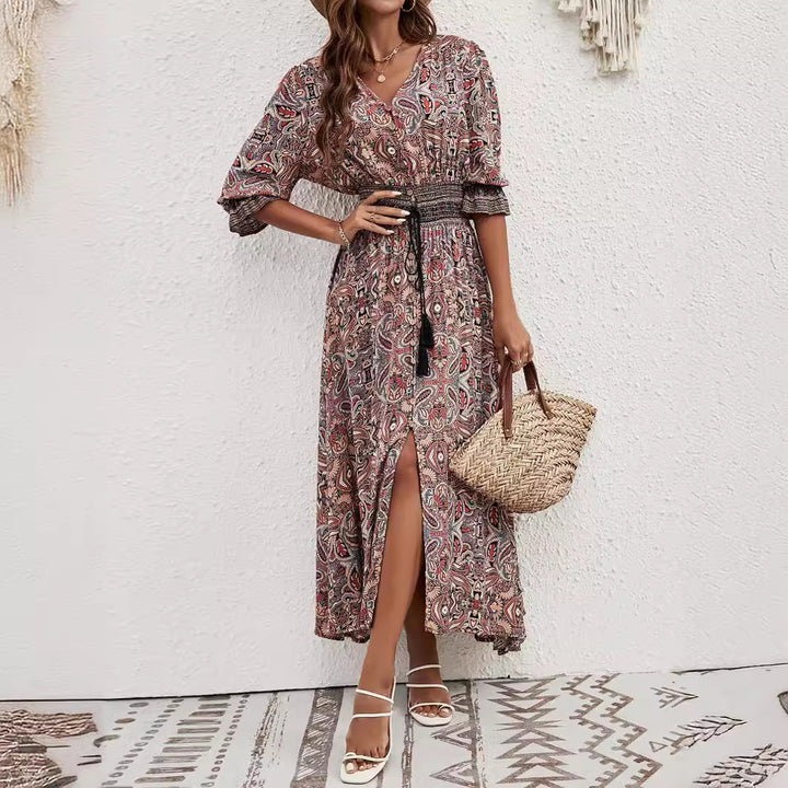 Maxi dress for women with removable belt at the waist and artistic pattern Lune London